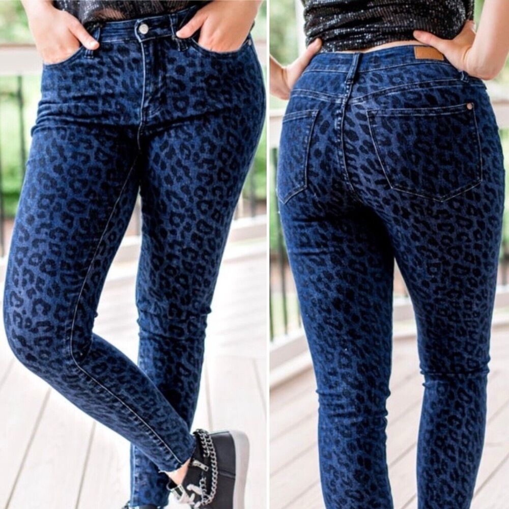 Judy Blue Cheetah Print Jeans Mid Rise Skinny Raw Hem 26